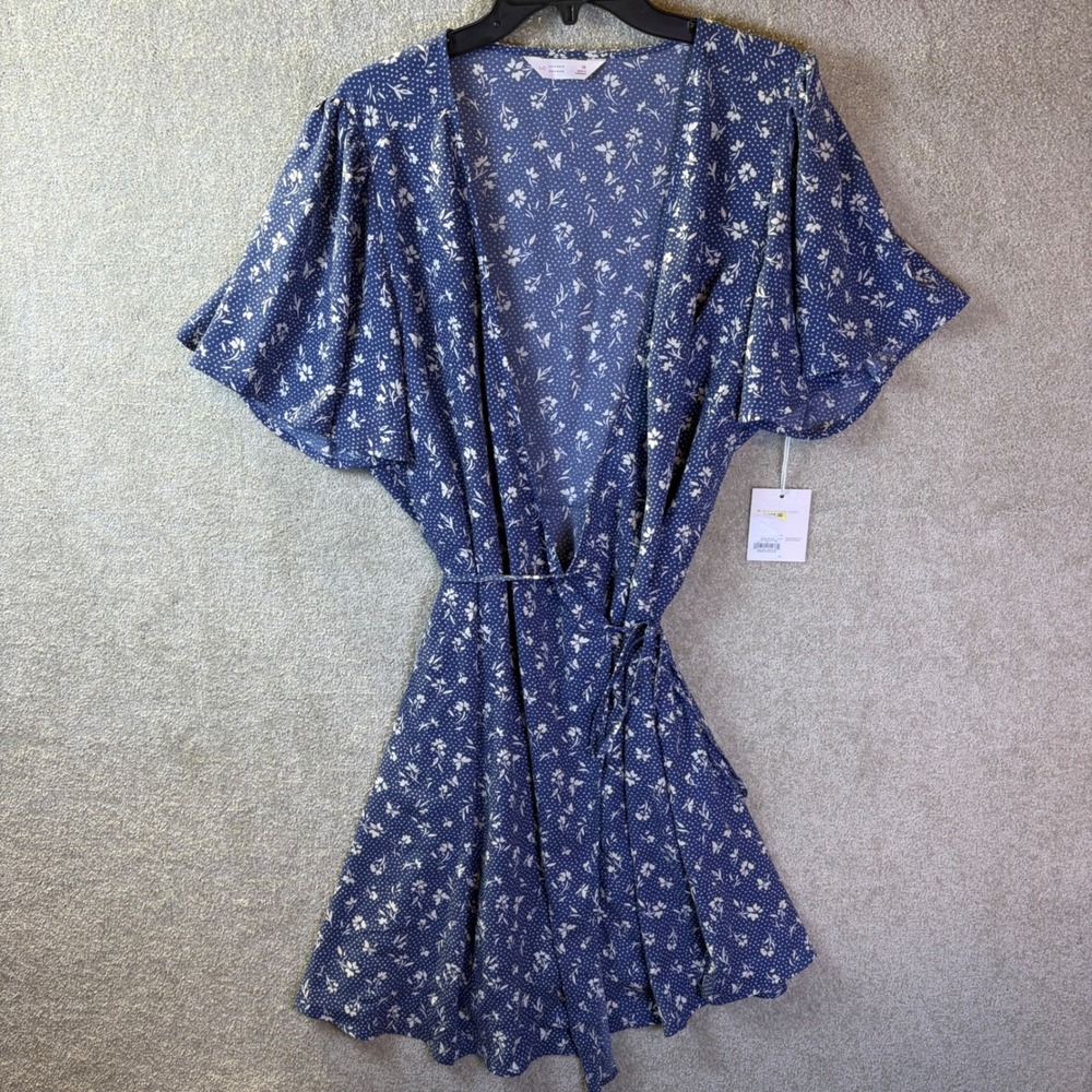LC Lauren Conrad Wrap Dress Womens 1X Blue Floral Polka Dot Flutter Sleeve NEW